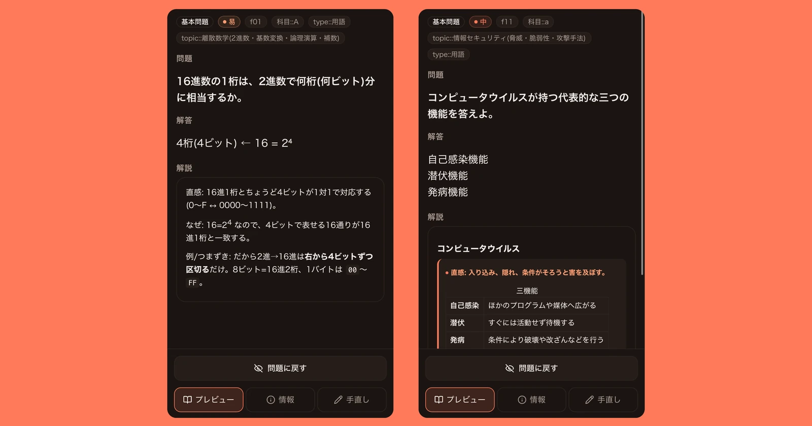 実際のカード2枚の表示例。左は16進数の1桁が2進数で何桁にあたるかを問うカード、右はコンピュータウイルスの代表的な三つの機能を問うカード。どちらも分野・種類のタグと、短い解説が付いている。